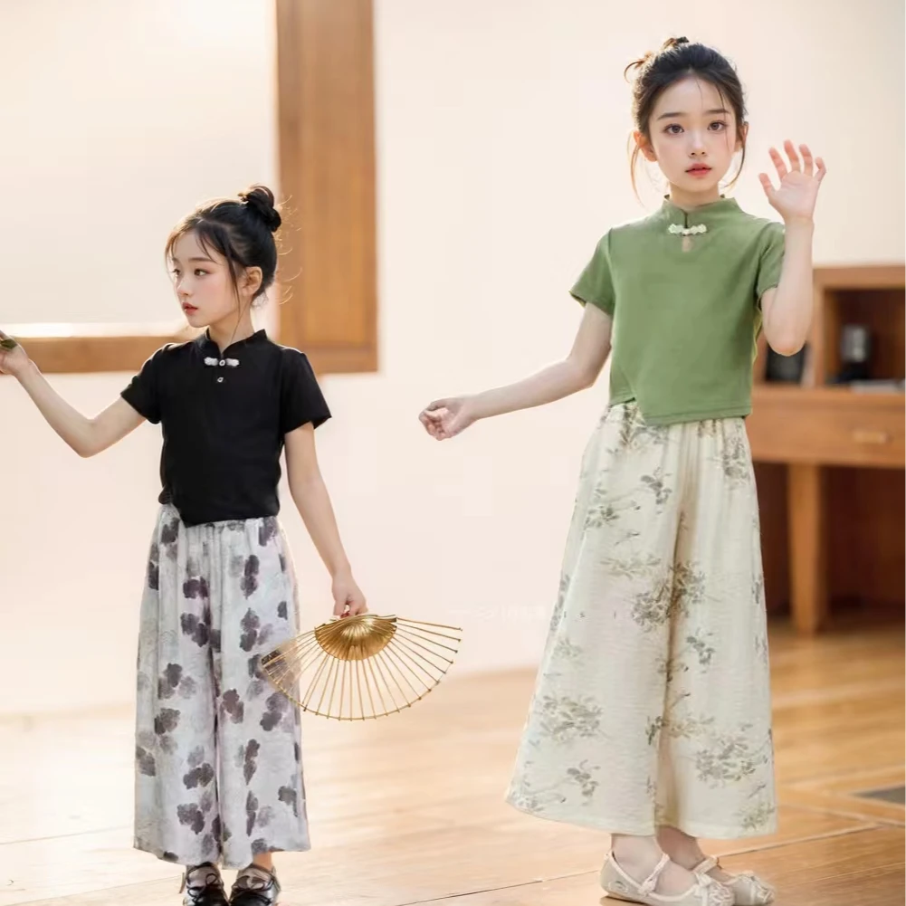 夏季2025女童新中式国风套装复古洋气新款盘扣短袖阔腿长裤两件套
