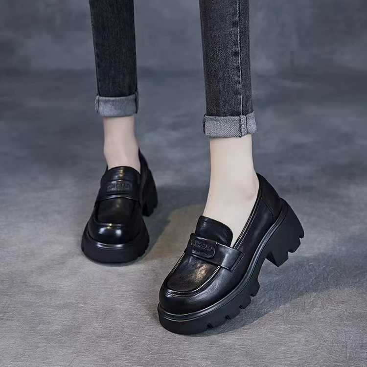 2025春新款6cm英伦风休闲真皮单鞋女粗跟圆头气质头层牛皮乐福鞋