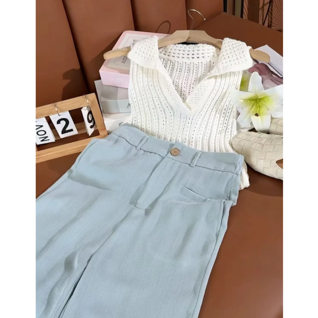 2025年春夏新款雨露亚麻窄版高腰休闲显瘦垂感宽松直筒裤女7687