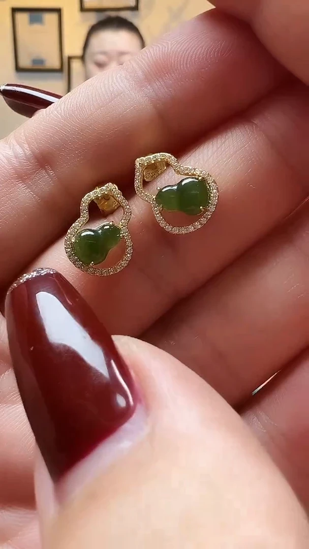 银S925镶嵌和田玉耳饰碧玉葫芦耳饰