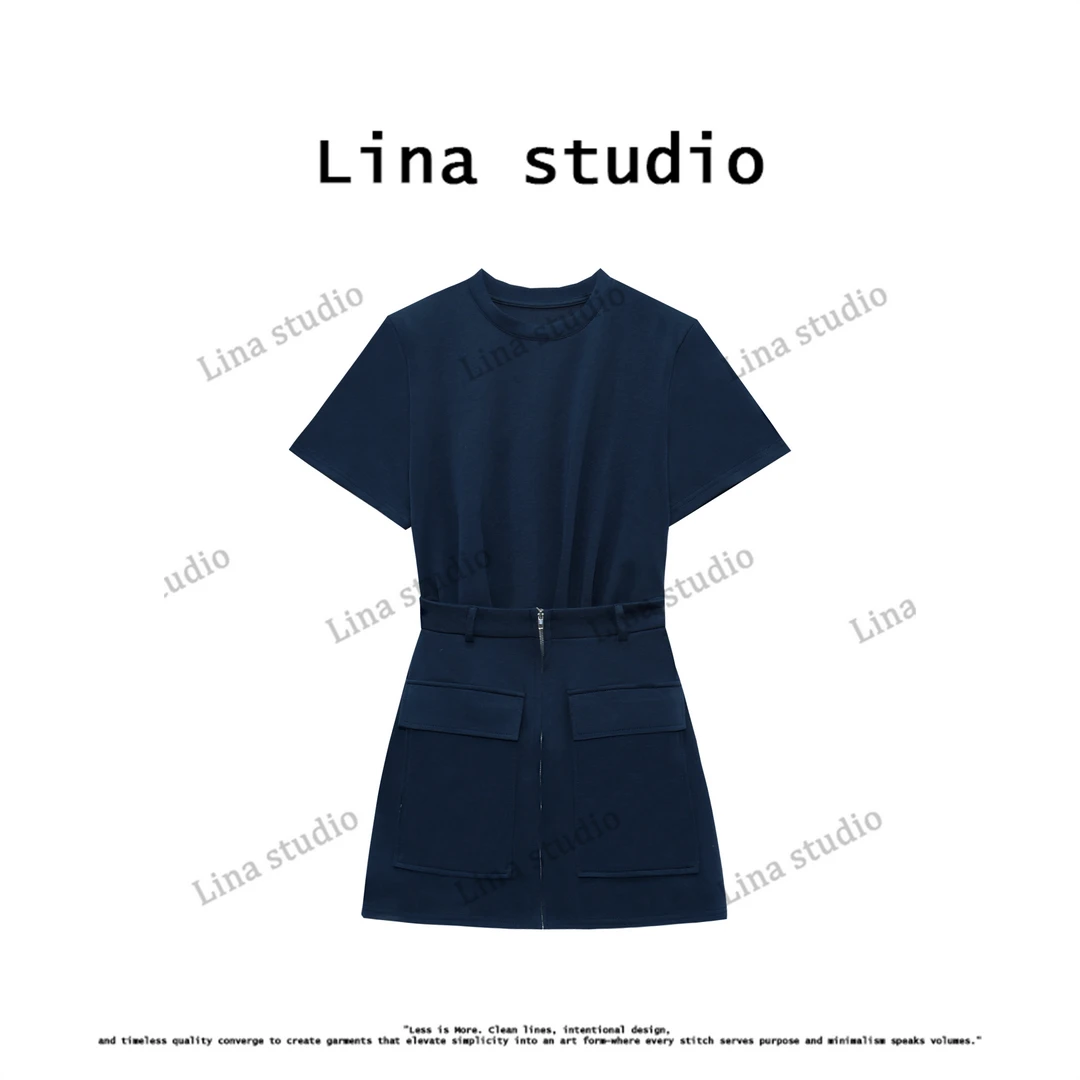 Lina studio“有风的地方”2025夏季新款圆领短袖正肩收腰连衣裙