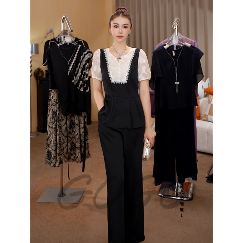 G6927时尚休闲套装女2025夏季新款洋气减龄显瘦遮肉阔腿裤两件套