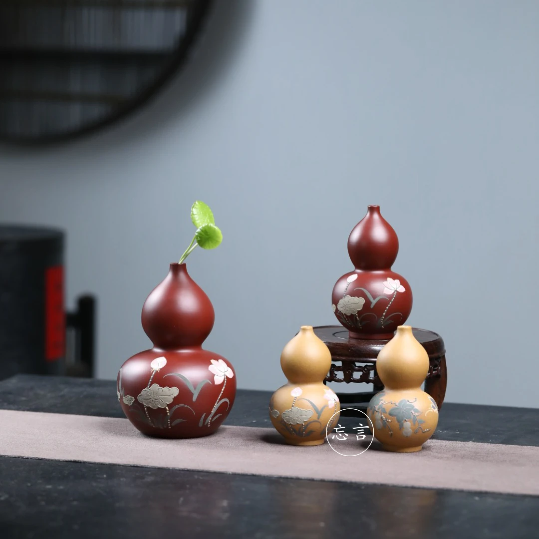 宜兴紫砂朱泥大红袍大小号手工葫芦茶宠花瓶手工泥绘中式创意摆件