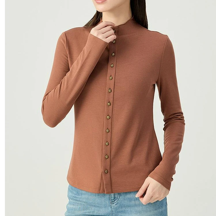 阿玛施AMASS 经典百搭优雅基础款小立领排扣纯色长袖衬衫5301016