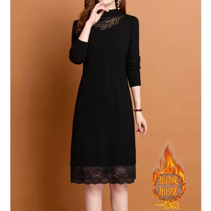 066*冬季加绒加厚中长款针织毛针织衫加厚修身半高领毛衣连衣裙