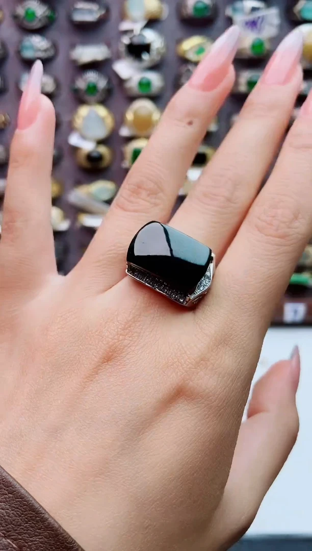 银S925镶嵌戒指翡翠天然翡翠男戒