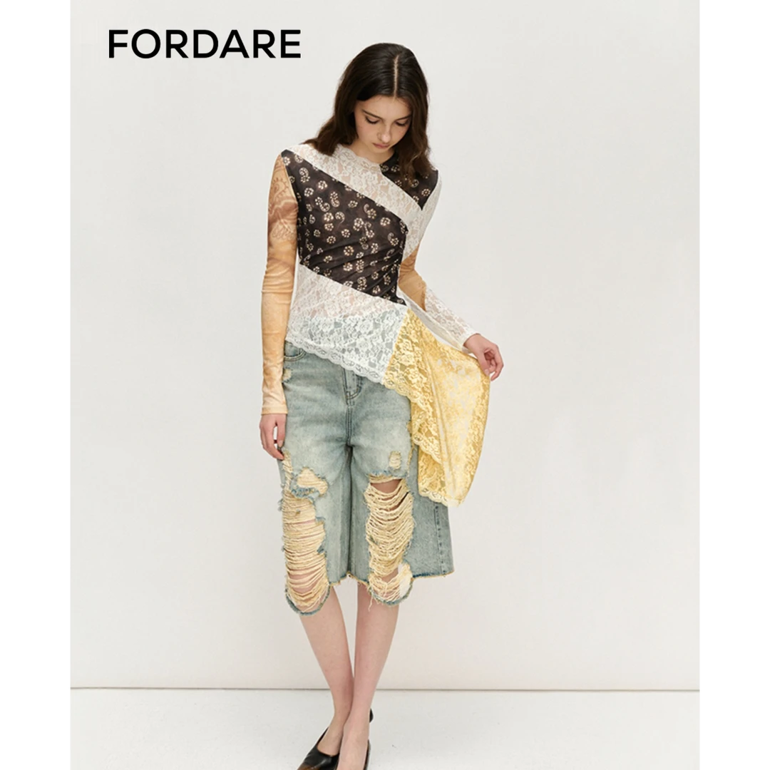 FORDARE/福蝶25春夏斑斓黄色腰花蕾丝不规则拼接女士上衣打底衫