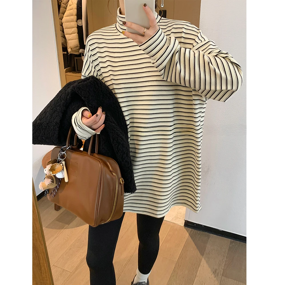 设计感保暖半高领棉质加厚T恤女遮臀秋冬中长款慵懒风打底衫上衣