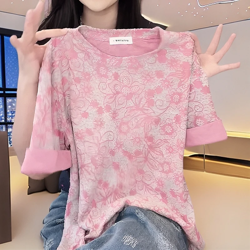 【纯棉】洋气衣服女2025夏季短袖女t恤新款粉色正肩百搭女士休闲T恤
