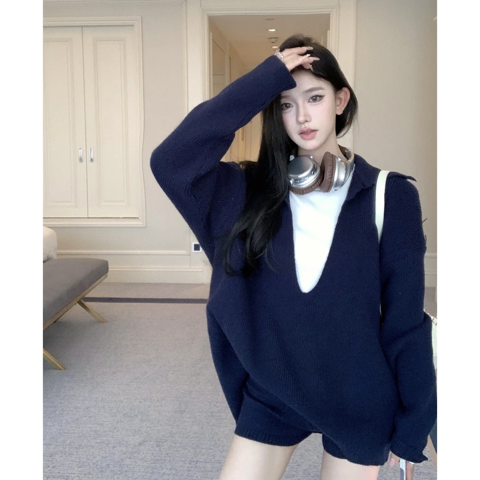 简约纯色坑条V领宽松长袖毛衣上衣休闲直筒短裤子针织套装女春季