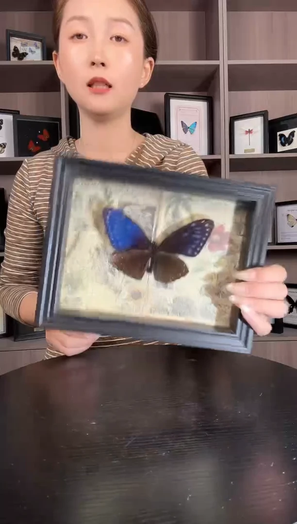 实木竖款翠蓝斑凤蝶（蝴蝶装饰画7寸框)