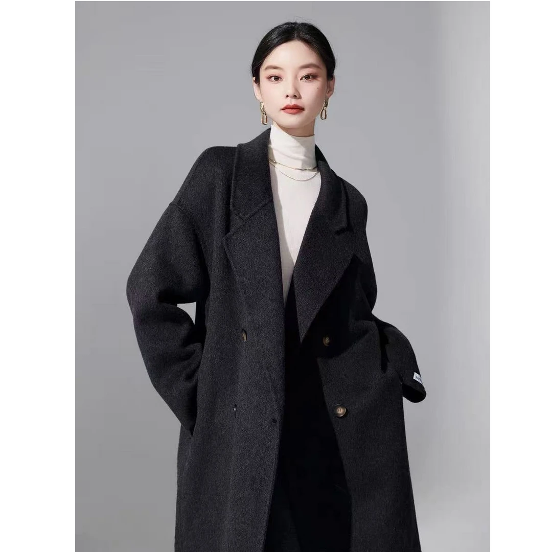 秋冬新款高级感韩系毛呢大衣女宽松过膝长款外套(10杆)N434