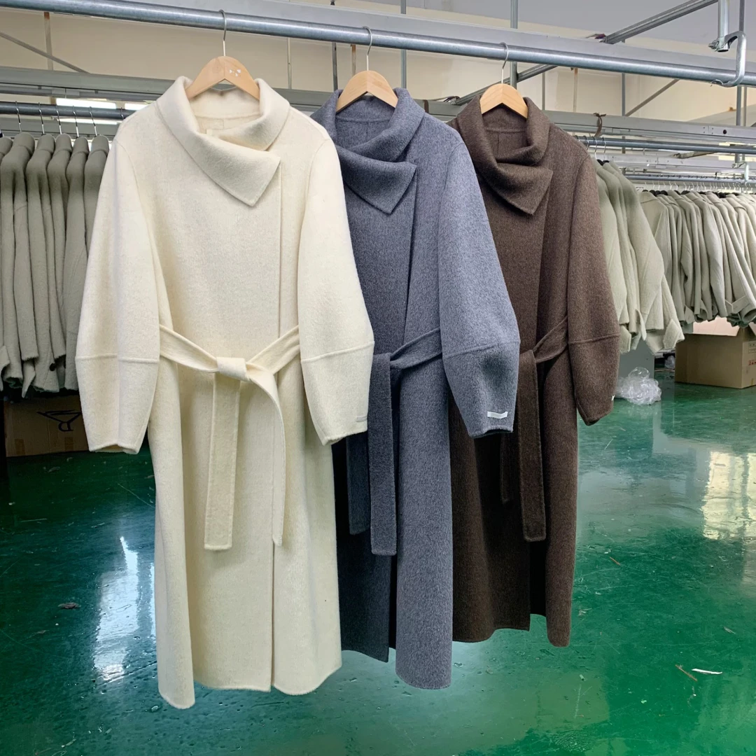 秋冬新款 优雅气质双面手缝纯羊毛大衣小翻领系带长外套