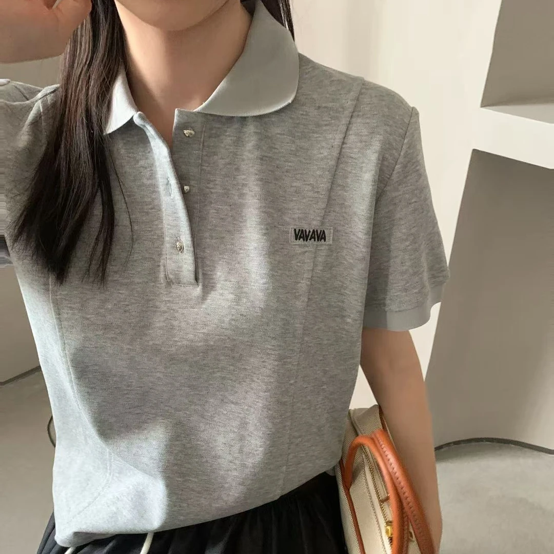 韩版新款时尚百搭拼接小翻领T恤E21005