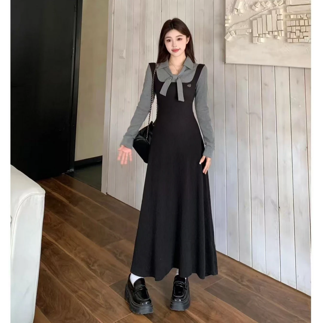 大码法式复古假两件收腰显瘦打底内搭拼接连衣裙869