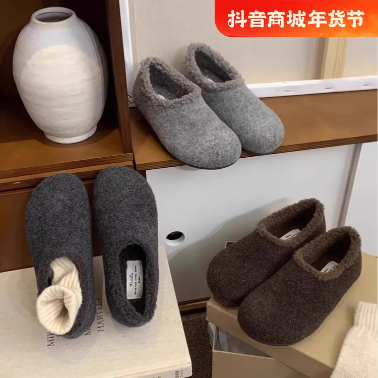 灰色毛毛鞋女冬外穿呢子单鞋一脚蹬平底勃肯鞋女加绒保暖豆豆棉鞋