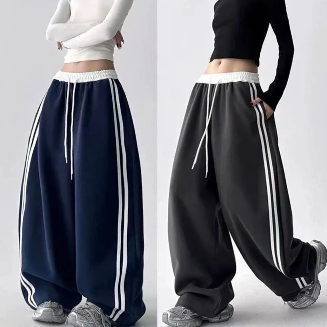 秋季夏季春秋条纹休闲裤韩版高腰学生阔腿裤直筒裤显瘦