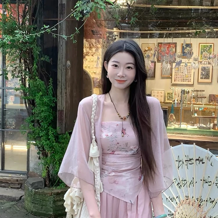 新中式国风禅意套装女夏季开衫吊带阔腿裤三件套