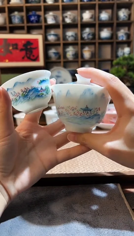 【闪购商品】五彩山水盖碗+送一杯