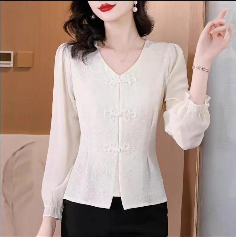 国风盘扣雪纺衬衫女士长袖春夏2025新款收腰气质小衫502【3】