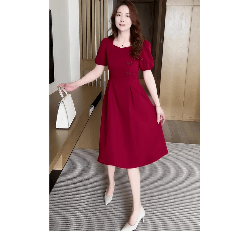 显瘦连衣裙法式不规则收腰长裙女装2025春夏季时尚方领中长款