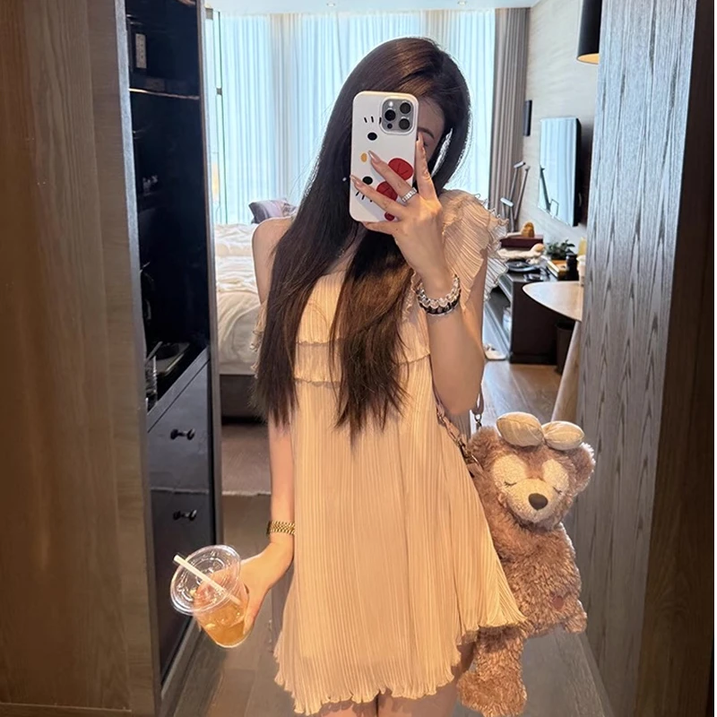 香香软软超嫩褶皱多穿法荷叶边一字肩海边度假无袖连衣裙女