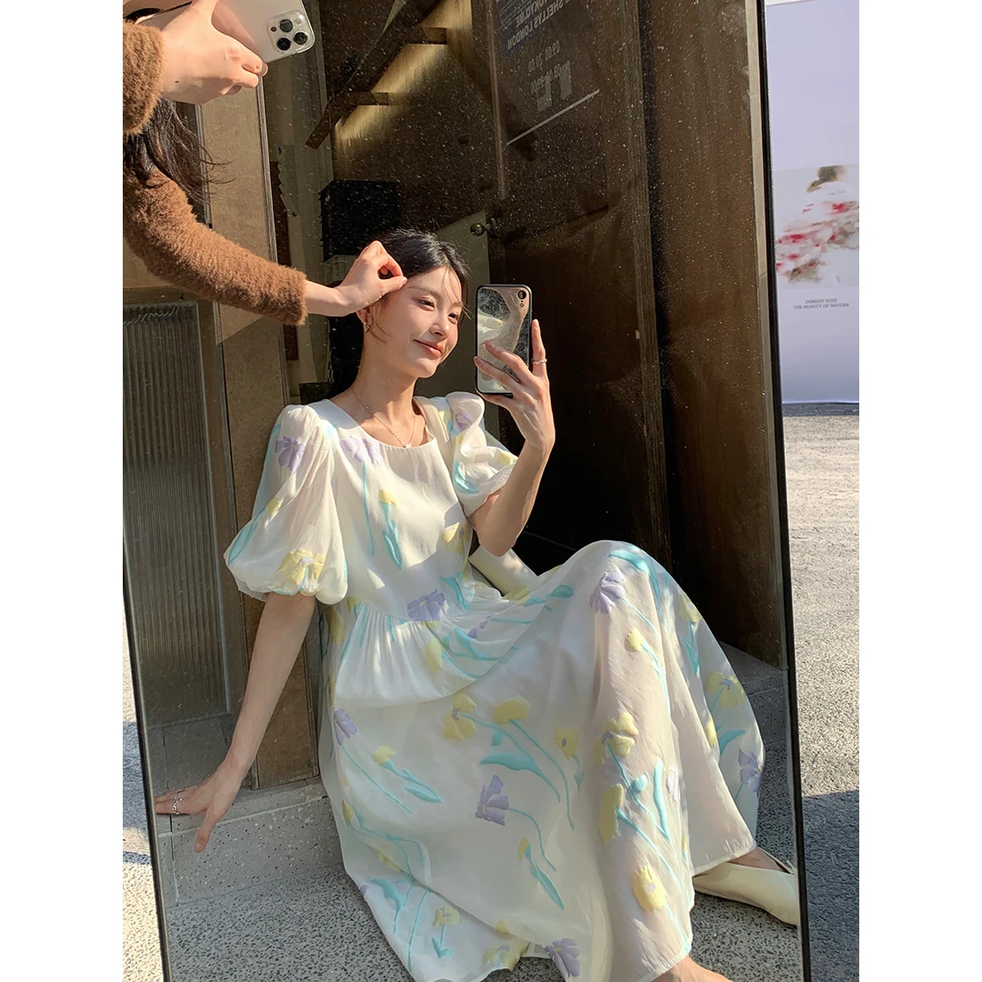 张贝贝ibell宽松泡泡袖碎花雪纺吊带/连衣裙女 设计感短款长裙