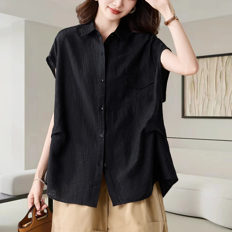 黑色翻领飞袖开衫衬衫女士2025夏季新款时尚宽松显瘦休闲百搭上衣