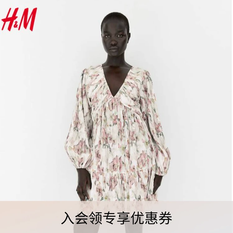 HM女装连衣裙秋季新款休闲V领灯笼袖A字褶纹高腰短裙1224087