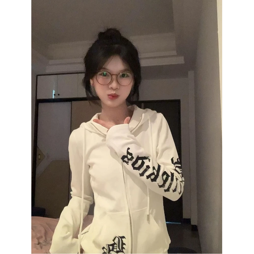 美式高街朋克白色长袖连帽卫衣女春秋哥特风修身显瘦短款辣妹外套