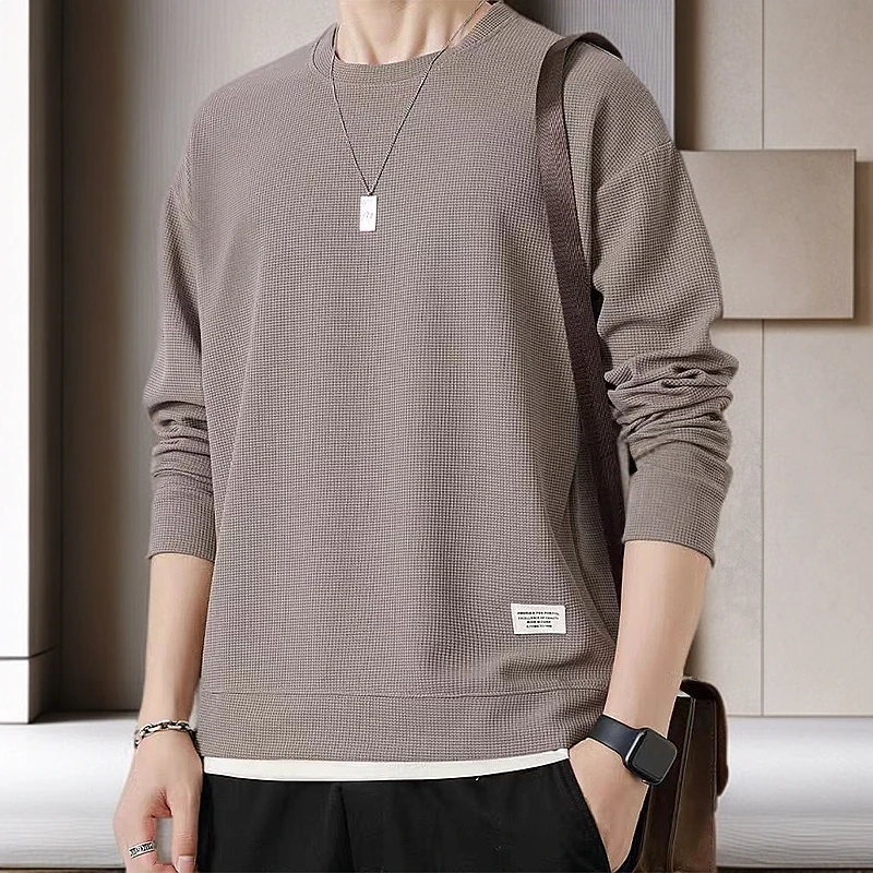 春秋季华夫格圆领卫衣男士长袖套头打底衫薄款大码男装200-300斤