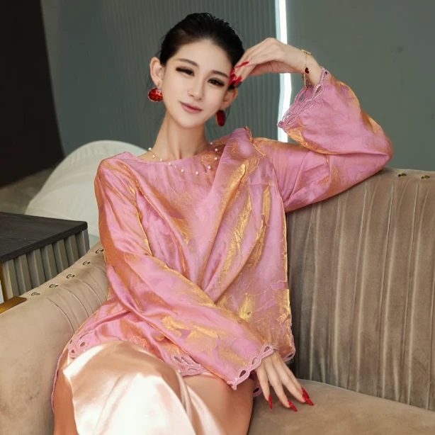 【初见惊鸿】小衫 粉金渐变缎面提花镂空袖口LC88131款63cm 150g