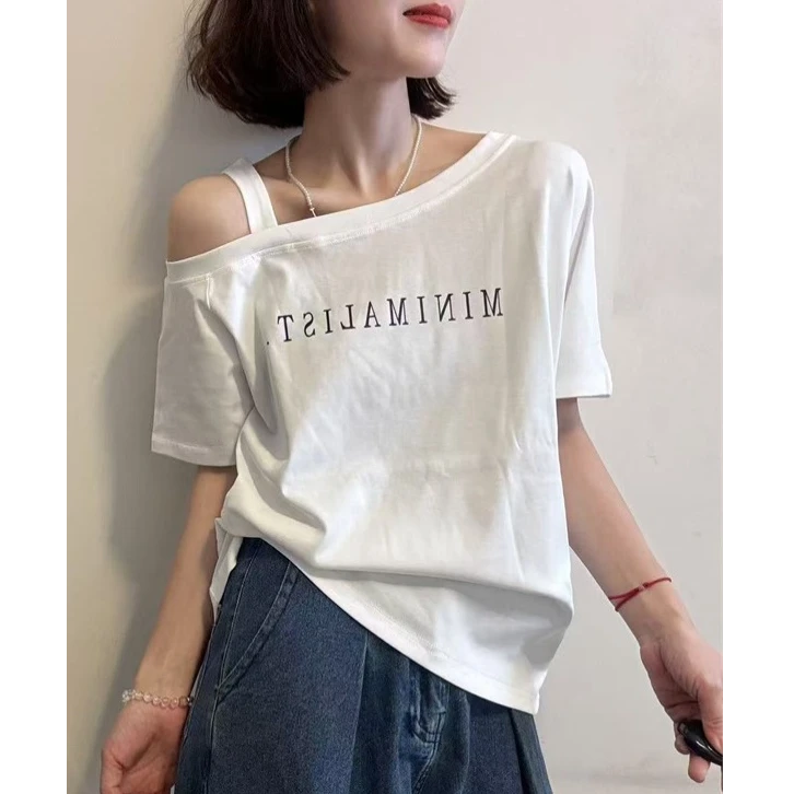 欧货设计感夏季新款时尚斜肩字母印花棉质短袖T恤女宽松上衣小衫