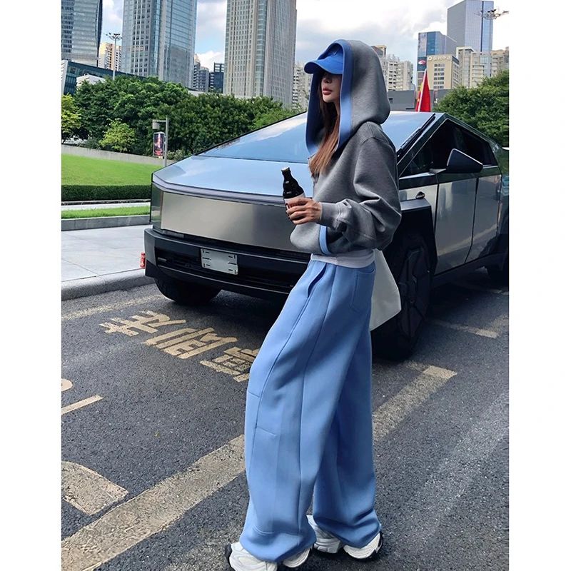 【海豚专属】撞色连帽慵懒风拼接外套休闲裤套装