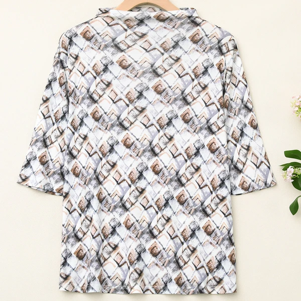 LANZIBES/蓝之蓓真丝42针自由领时尚气质印花桑蚕丝T恤上衣M6372