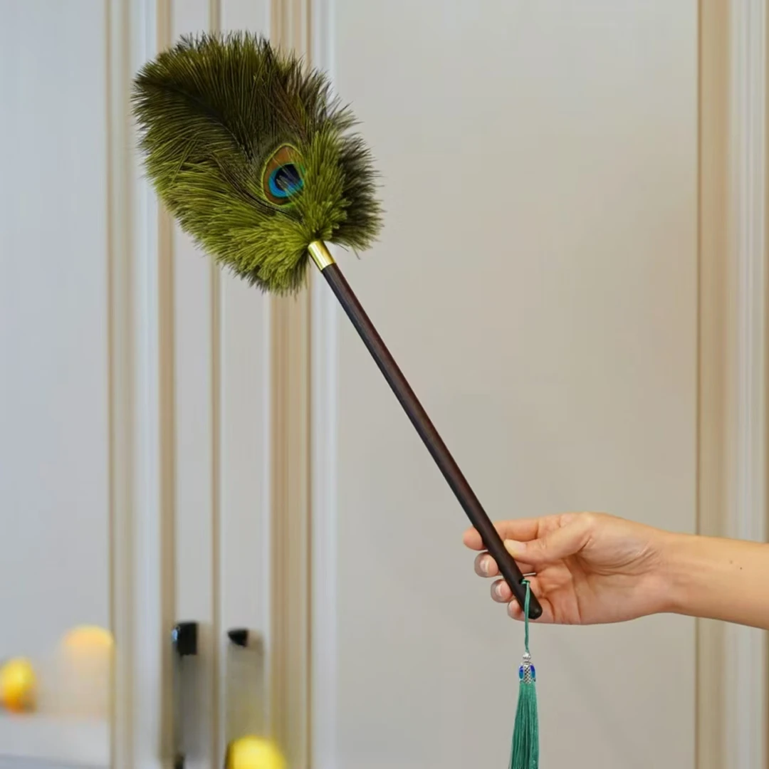 孔雀鸵鸟毛防静电不掉毛胡桃色手柄除尘掸子家用高档装饰