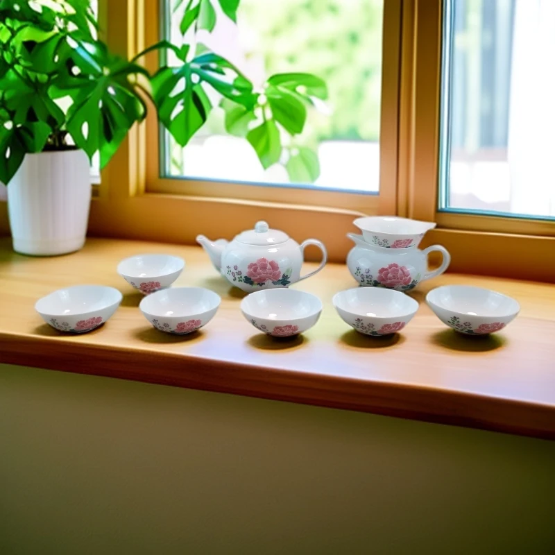 手绘芙蓉花醴陵高温陶瓷功夫茶具套装家用小套中式茶杯白瓷泡茶器