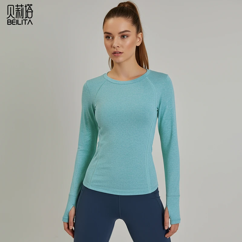 贝莉塔女士圆领长袖修身显瘦瑜伽服运动上衣BLT5207拇指套健身服
