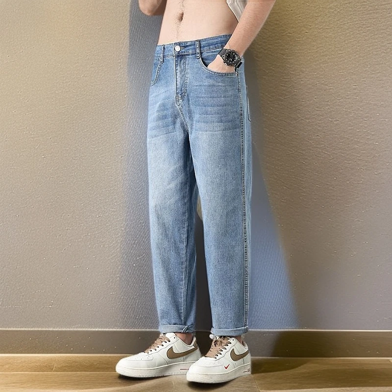 微锥牛仔裤男2025夏季薄款水洗蓝色休闲裤潮流显瘦百搭小直筒长裤