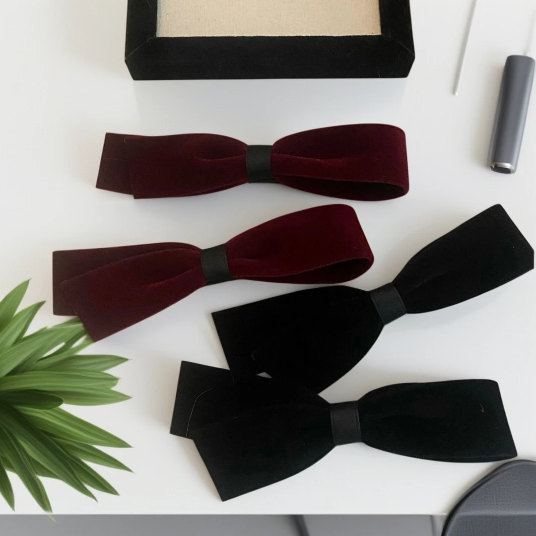 法式酒红丝绒蝴蝶结发夹鸭嘴夹新款氛围感新年头饰发卡边夹