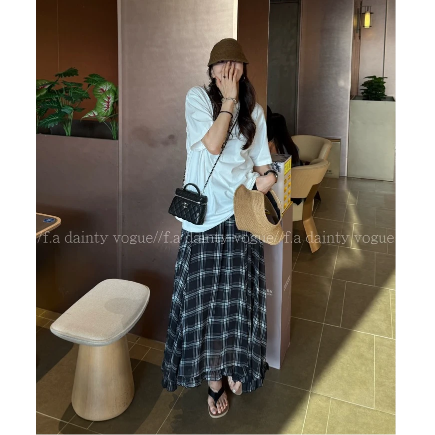 F.A[夏威夷]黑色菱格木耳边半身裙女不规则垂感高腰显瘦A字大摆裙