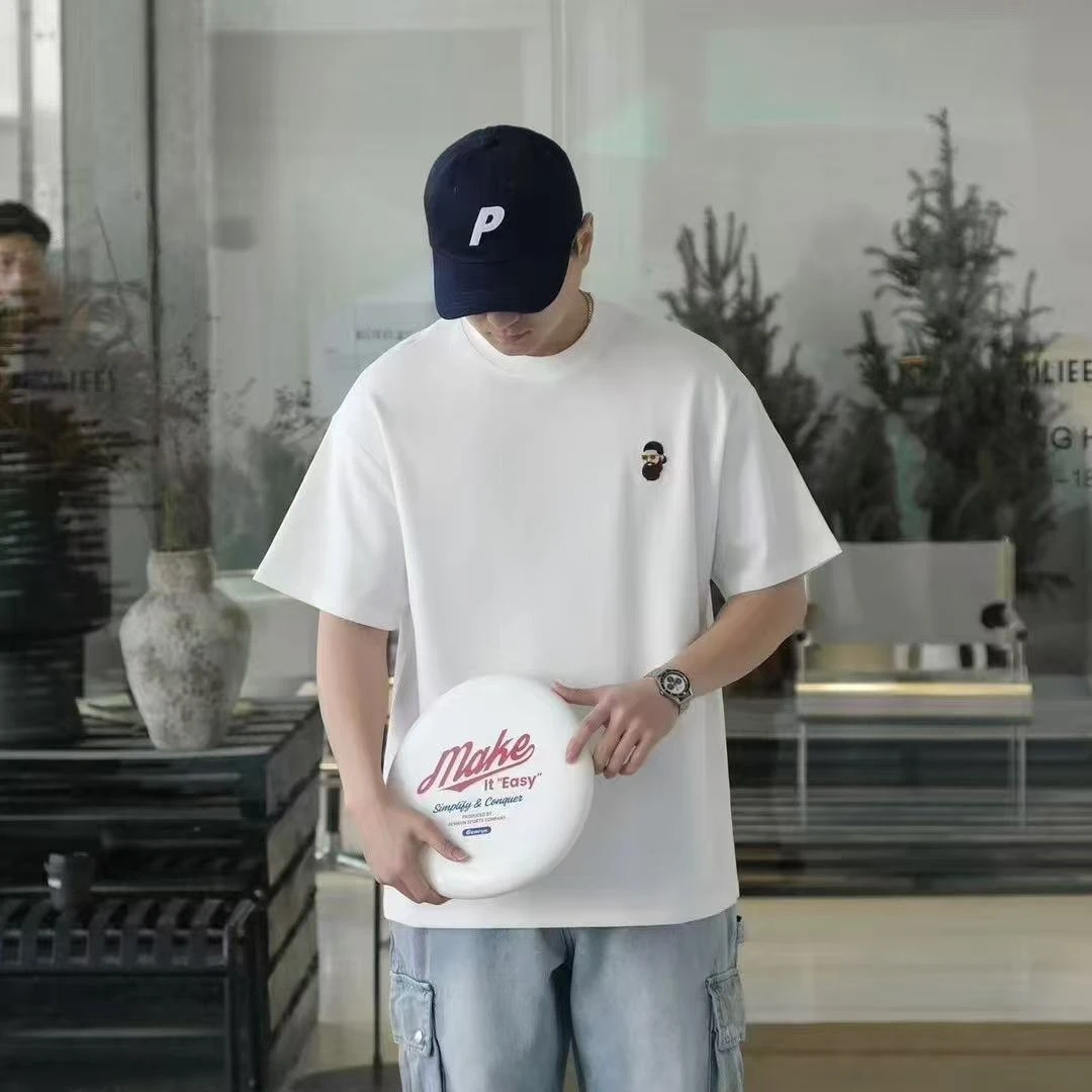 刺绣上衣半袖男士时尚短袖日常常规宽松夏季纯色T恤