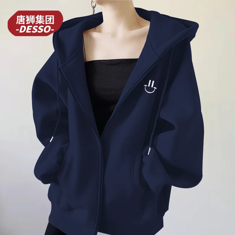 唐狮集团DESSO藏青色连帽卫衣外套女款2025新款早秋美式穿搭春秋