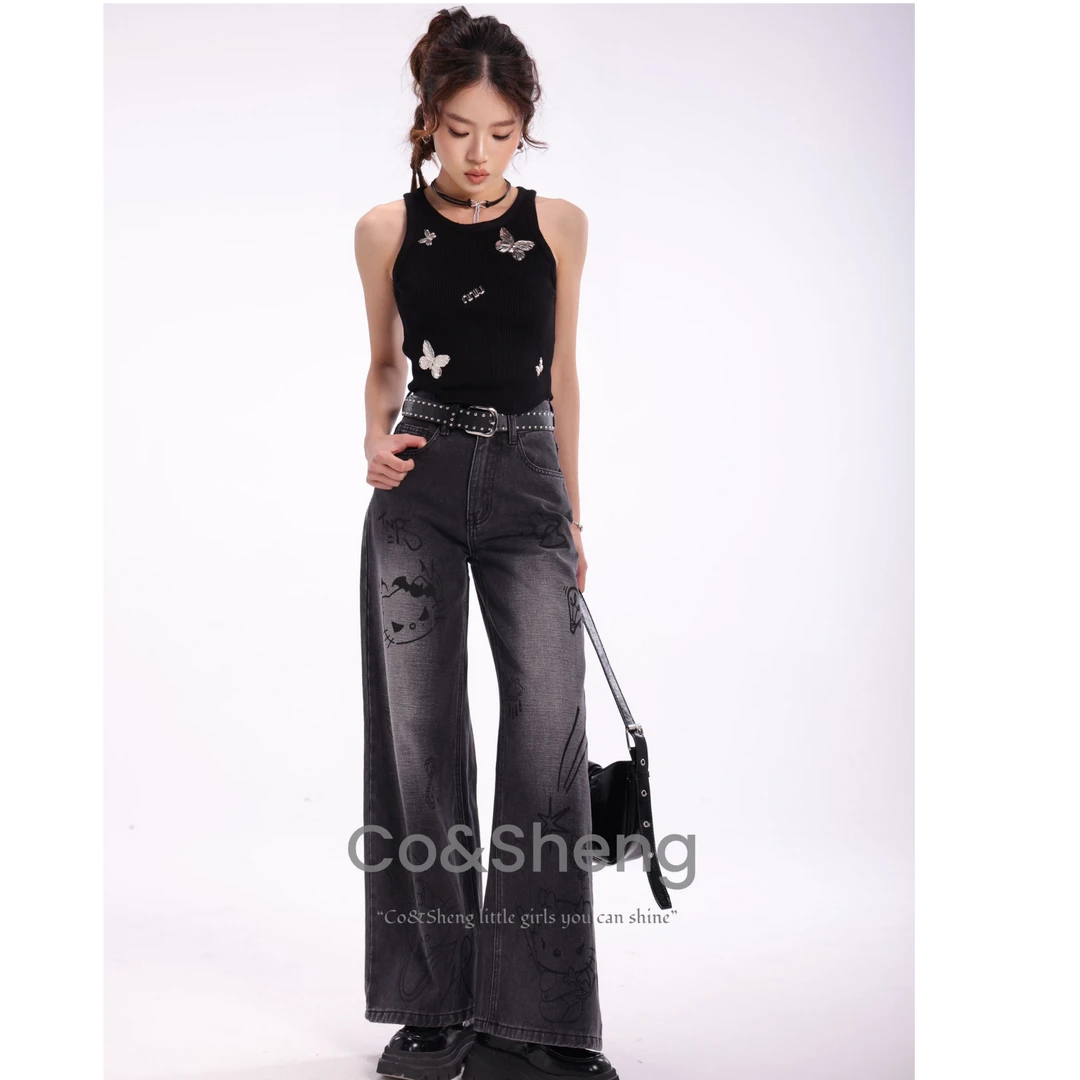 co&sheng小个子春季新款复古涂鸦印花直筒高腰牛仔裤时尚显高显瘦