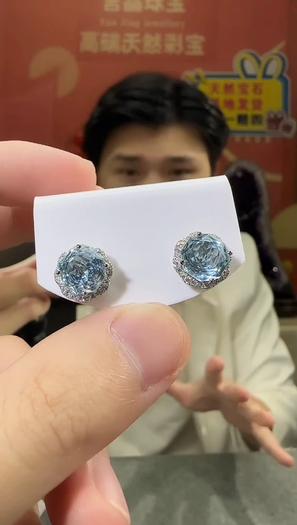 银S925镶嵌托帕石耳饰11mm耳钉玫瑰款