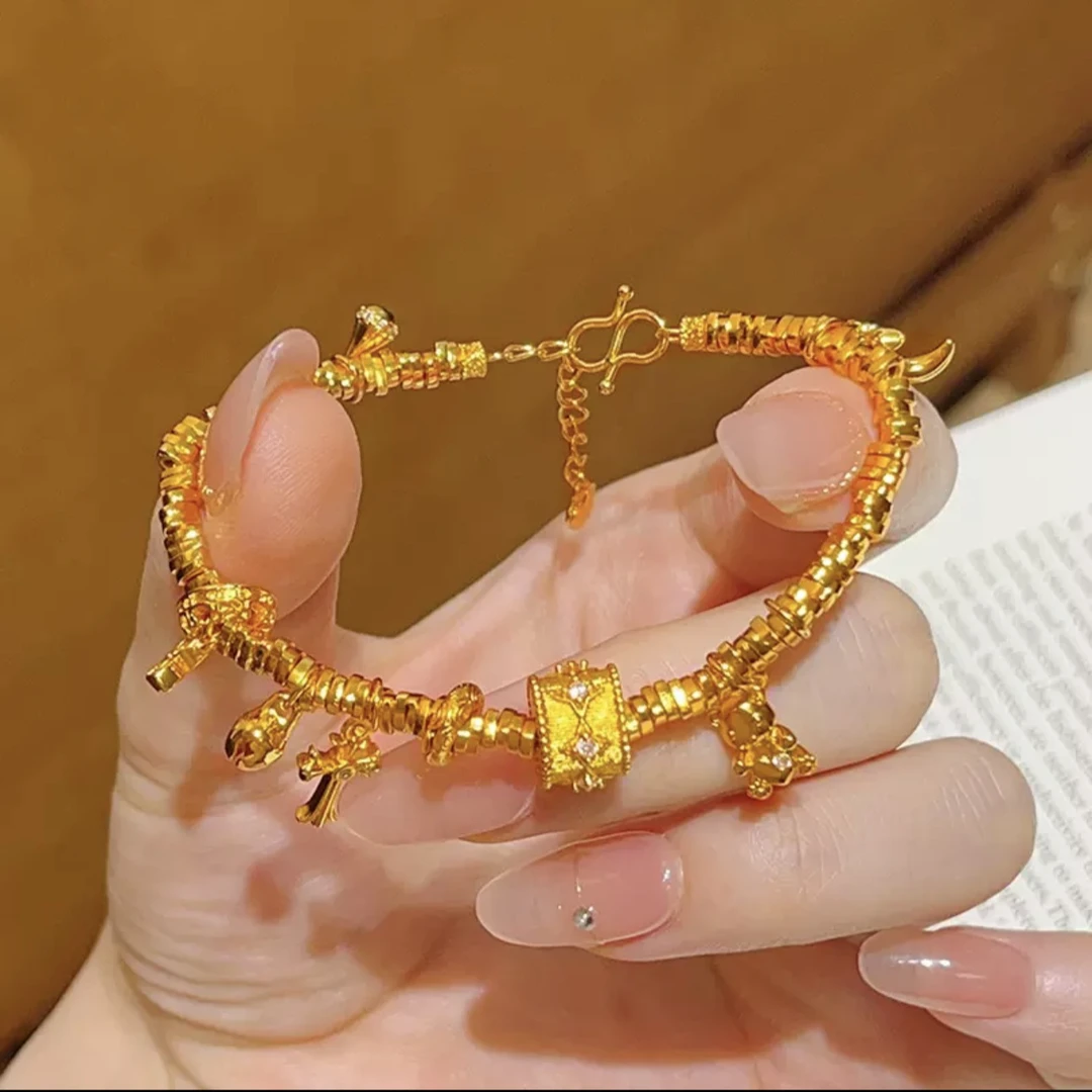 铜合金手链 拉丝四芒星碎碎冰色手链古法复古小熊手工轻奢手串