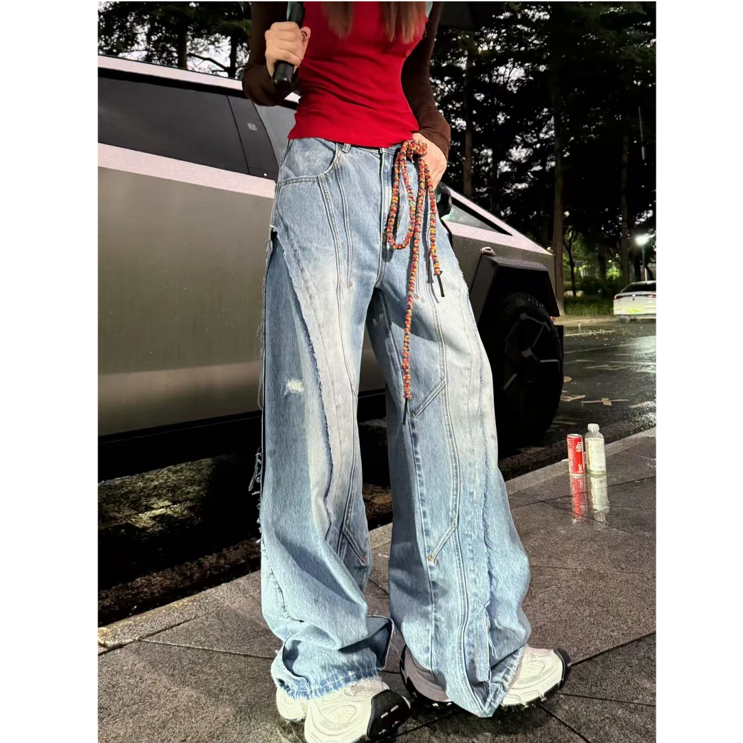 婉君【冰川蓝牛】秋季高街水洗破洞拖地阔腿牛仔裤LWJ25B2K2010