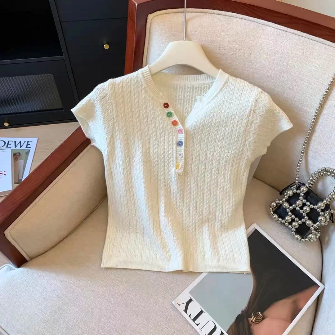 韩系彩色扣针织显瘦上衣夏季新款百搭舒适外穿洋气短袖小衫H7-14