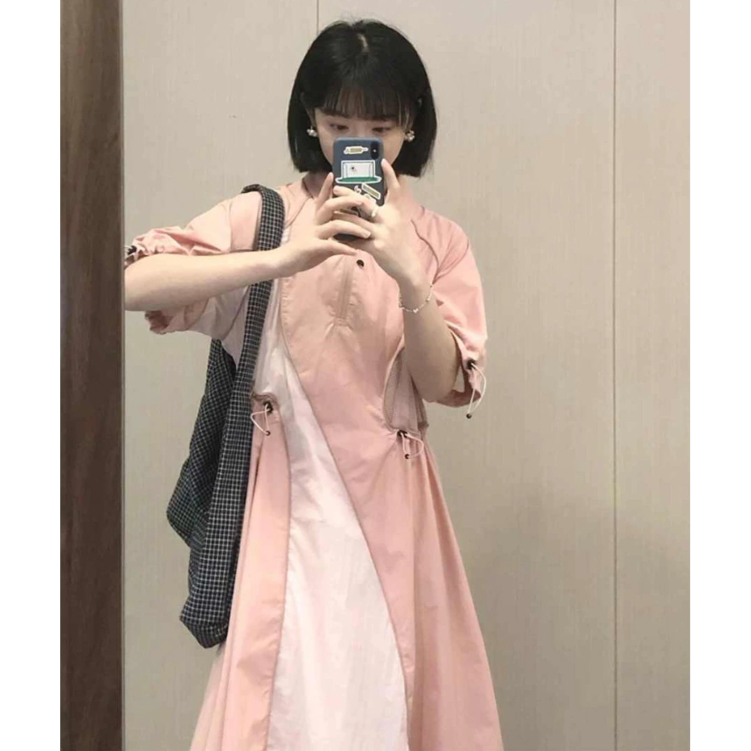 CaKm粉色连衣裙女新款夏高级感收腰抽绳不规则长款裙子LDB975