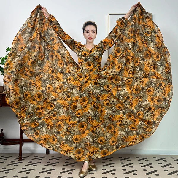 灰野雏菊-人丝混纺轻奢印花法式收腰连衣裙/大摆带内衬